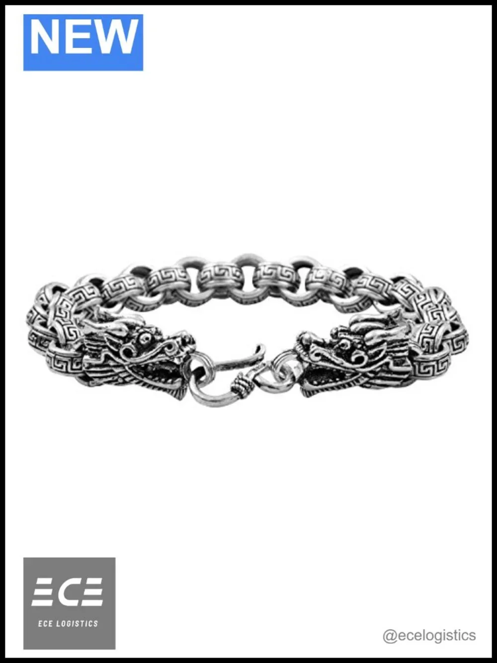 Sterling Silver 7mm Double Dragon Rolo Chain Bracelet Vintage 7.5 inches